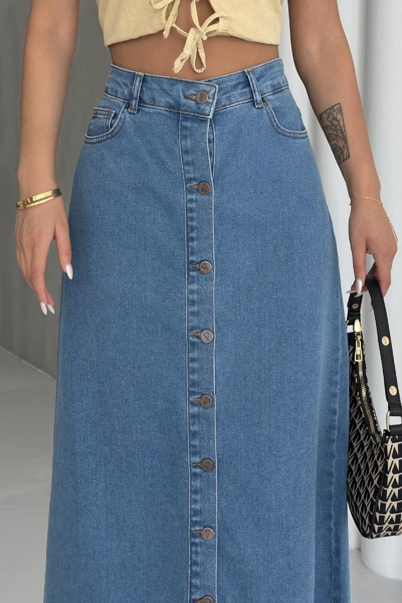 Düğmeli Uzun Kot Etek