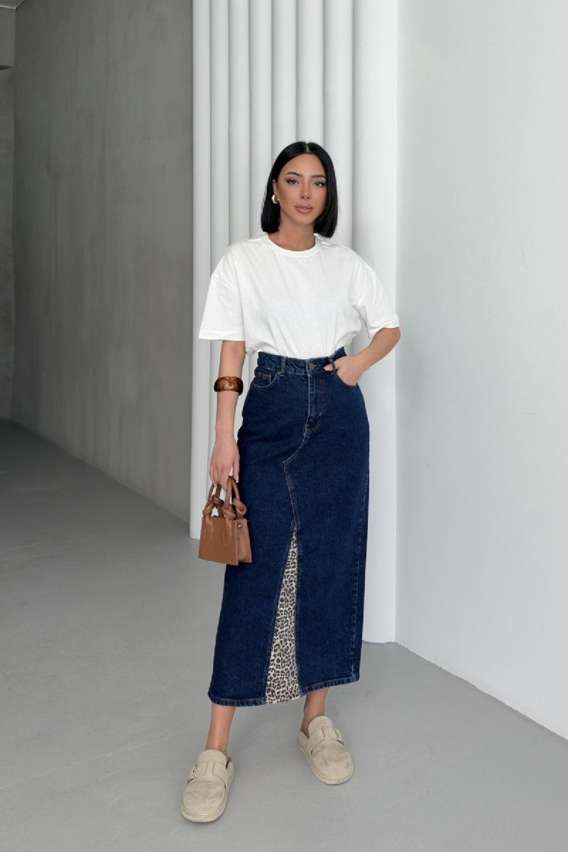 Leopar Detaylı Kot Etek