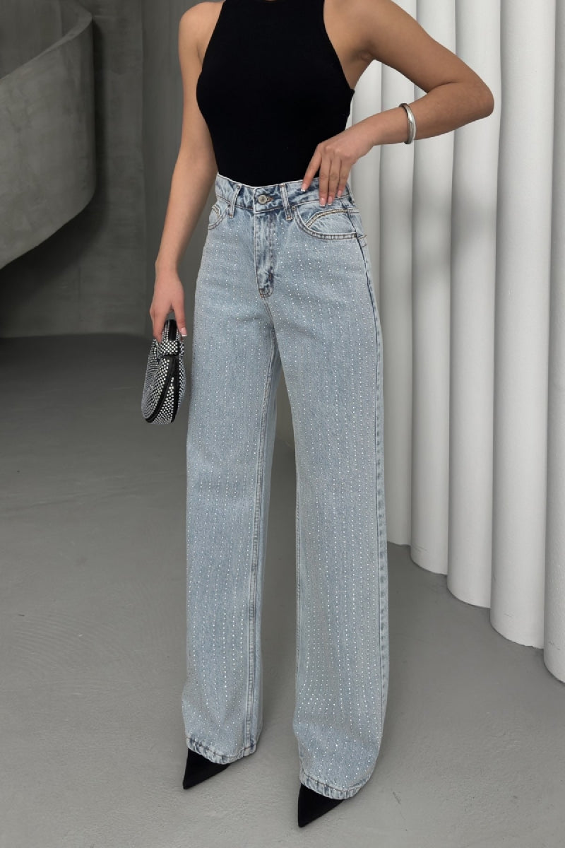 Taşlı Gizli Arka Cep Detaylı Palazzo Jean
