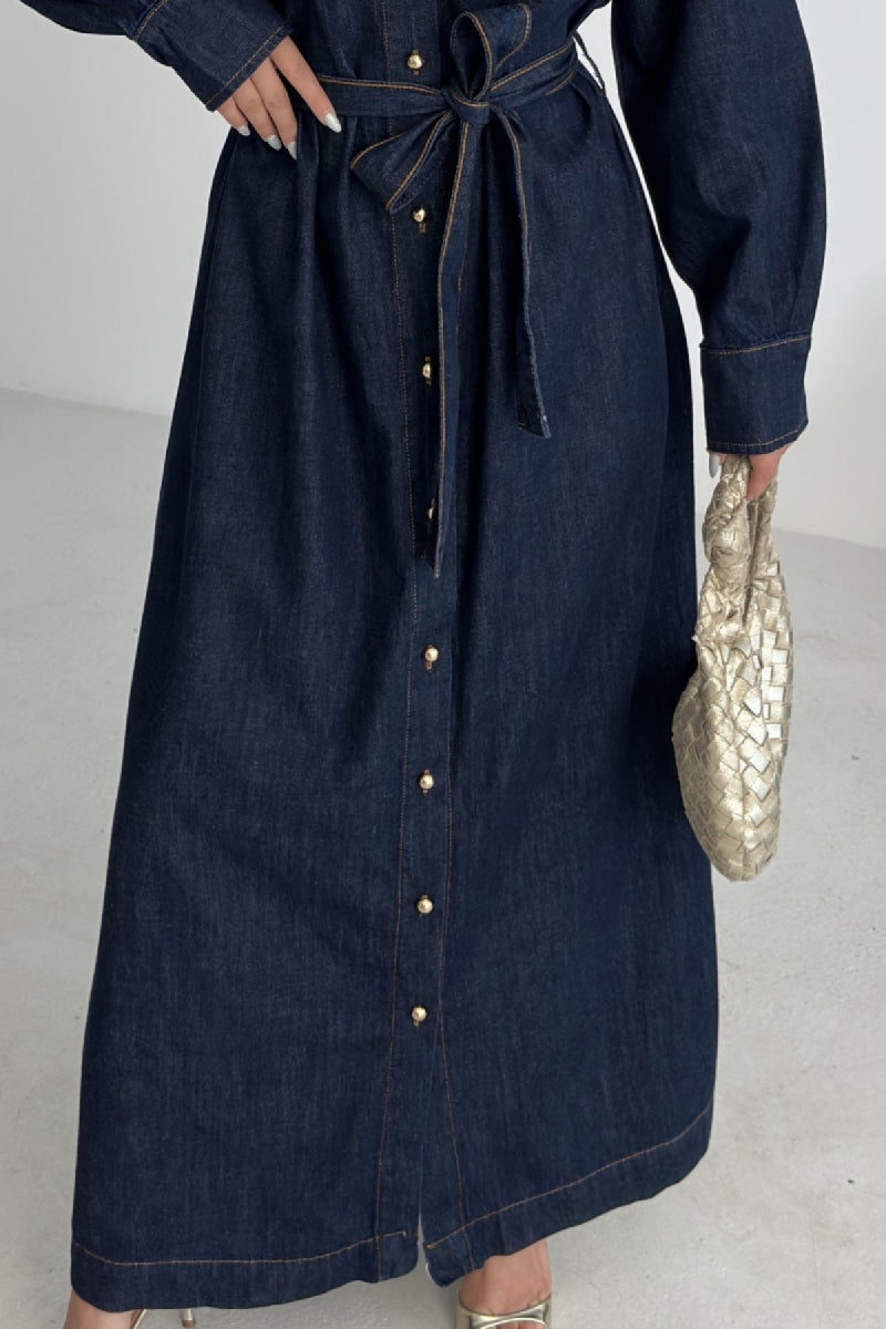 Düğmeli Klasik Uzun Kot Elbise