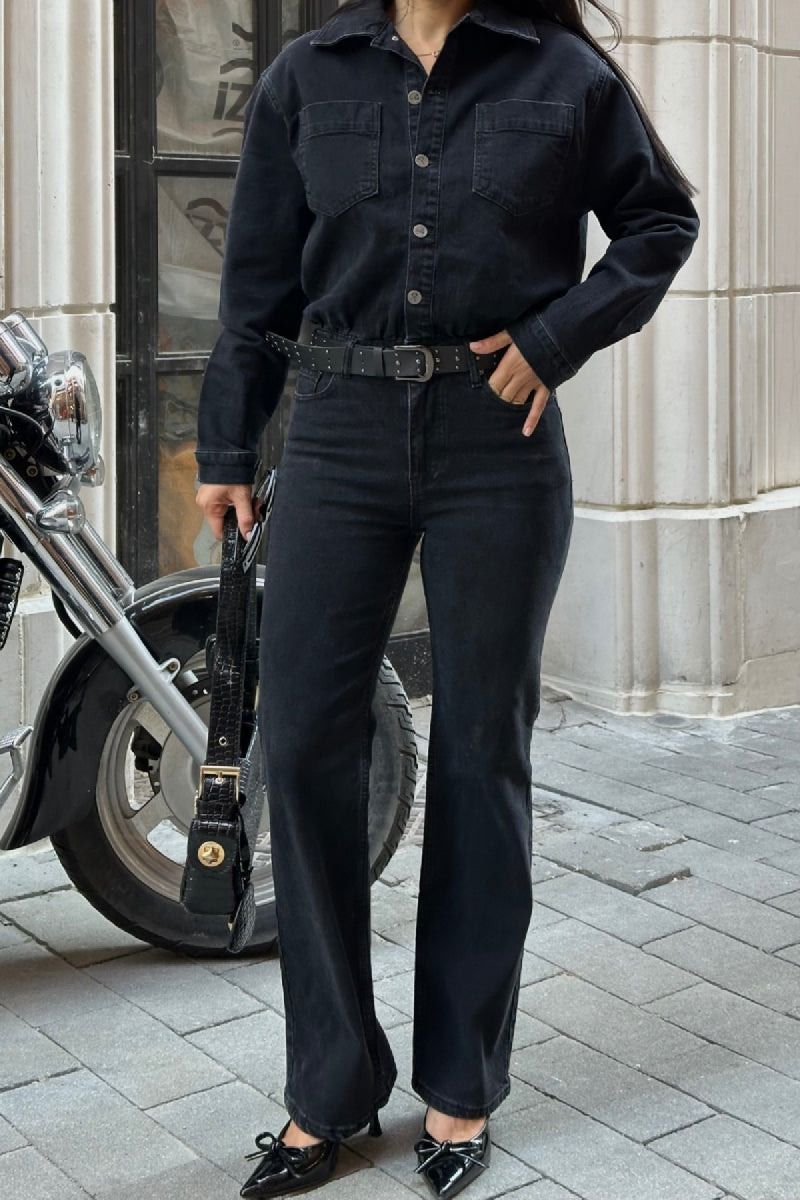 Beli Büzgülü Klasik Kot Tulum