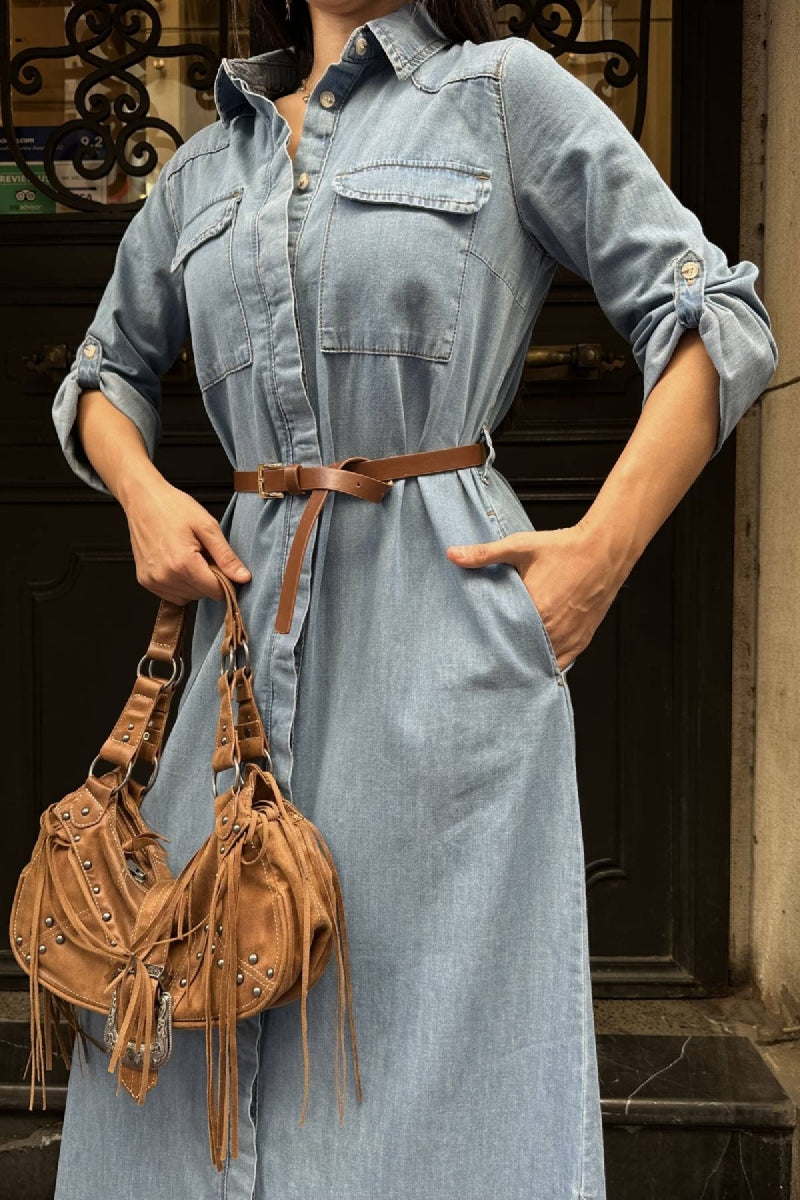 Düğmeli Uzun Elbise