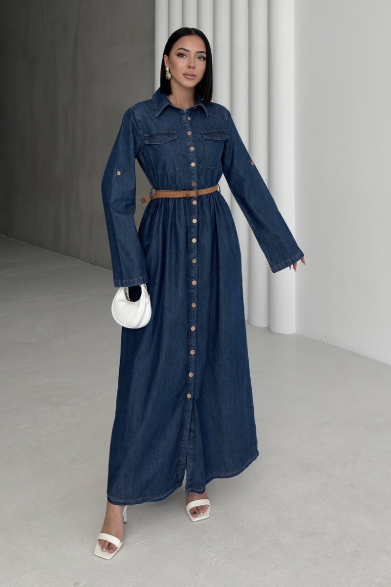 Düğmeli Uzun Kot Elbise
