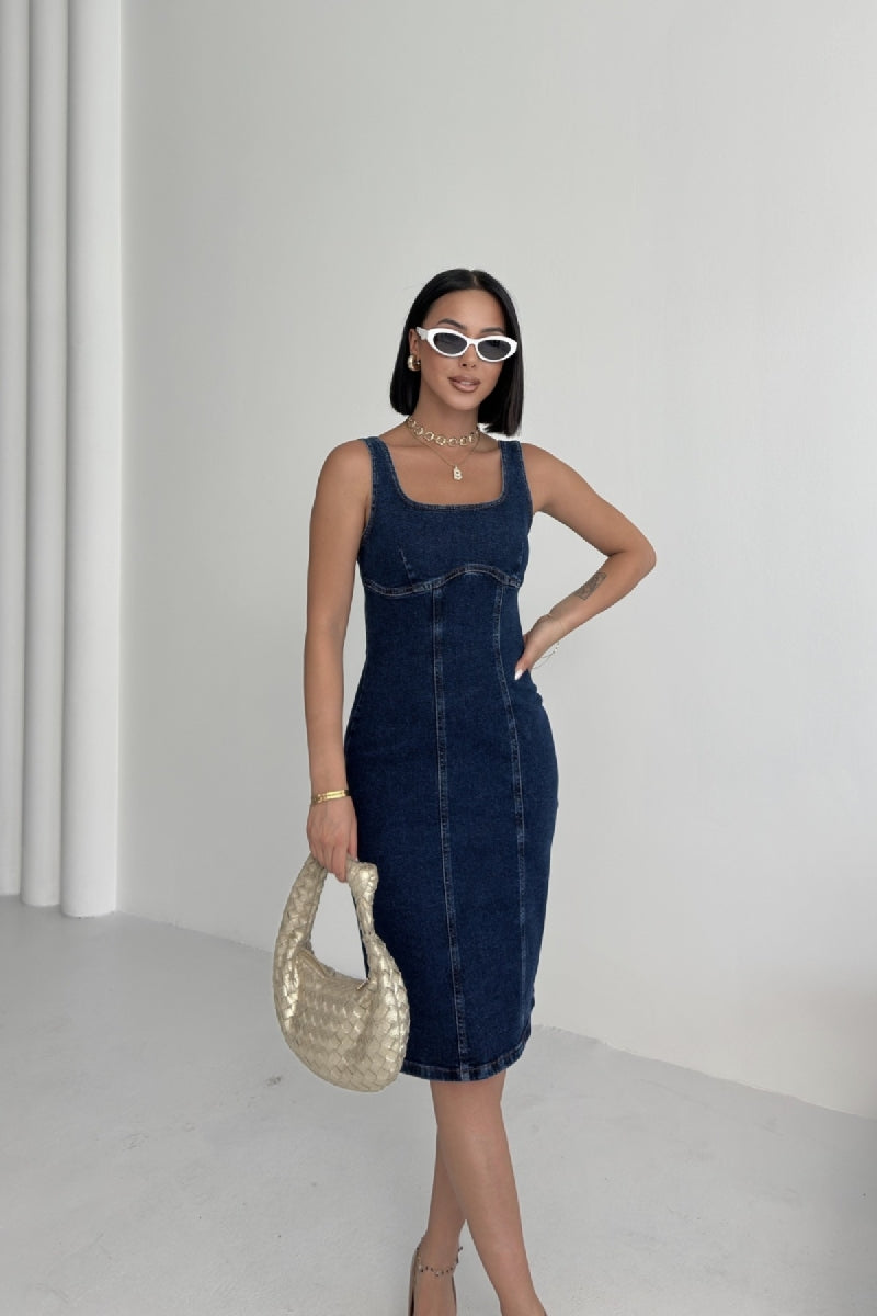 Askılı Fermuarlı Midi Elbise