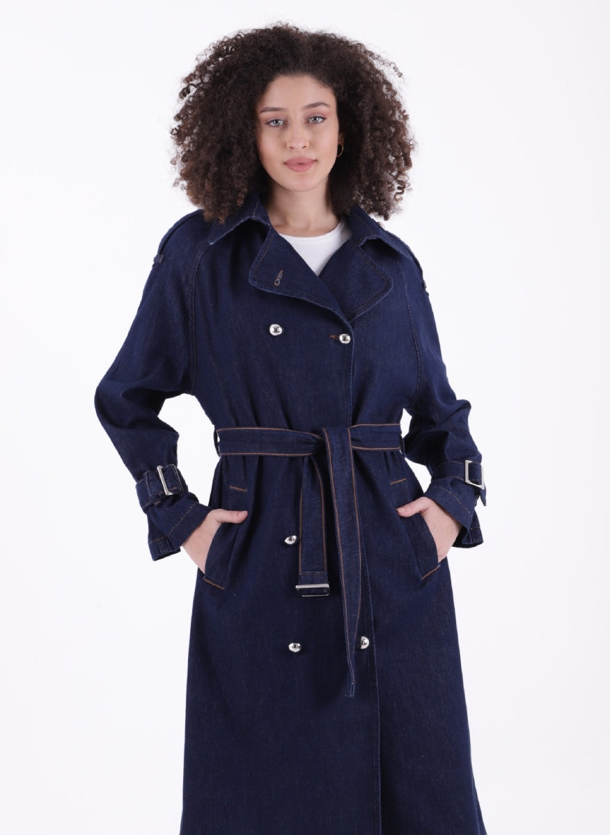 Kruvaze Yaka Kemerli Oversize Uzun Trençkot