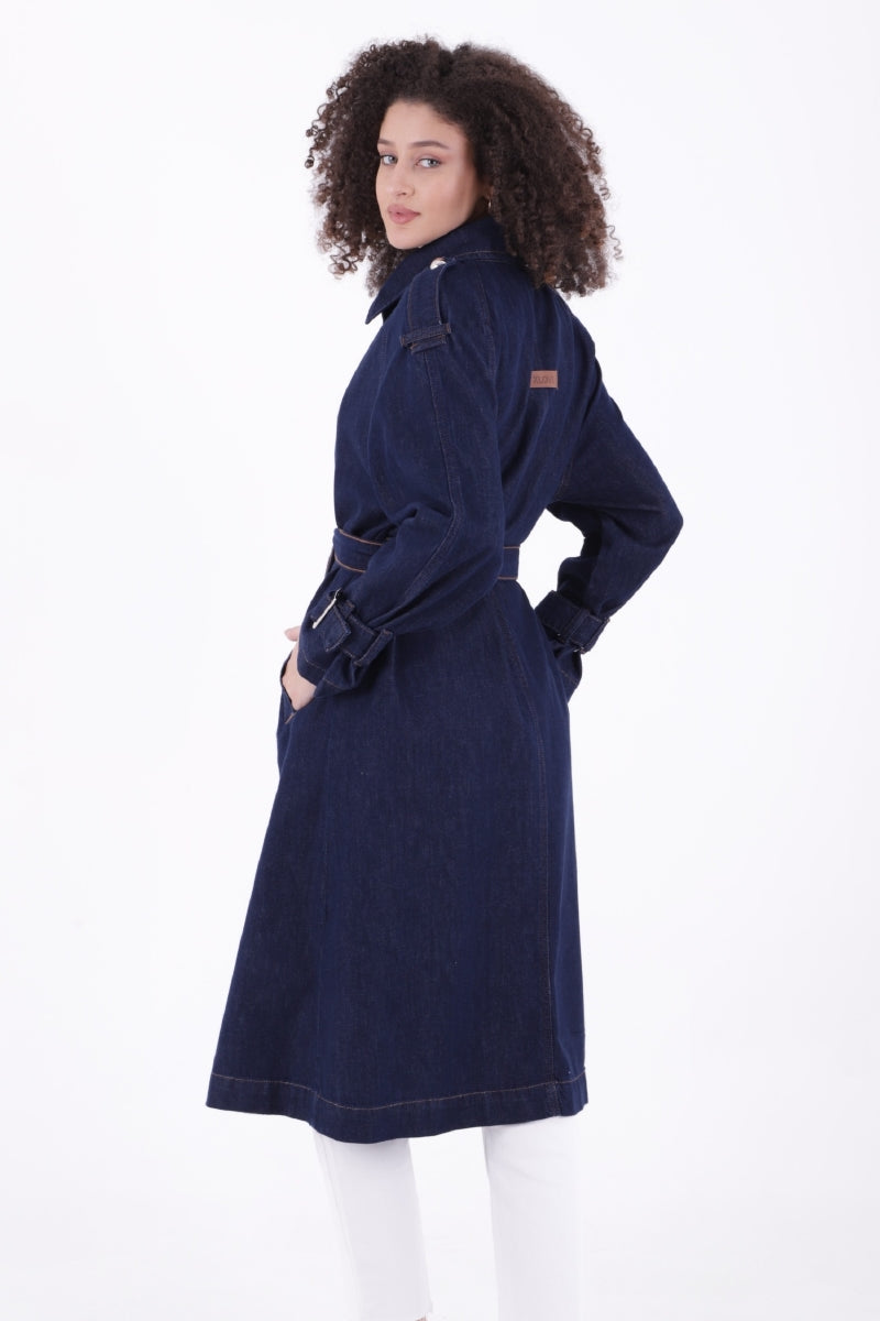 Kruvaze Yaka Kemerli Oversize Uzun Trençkot
