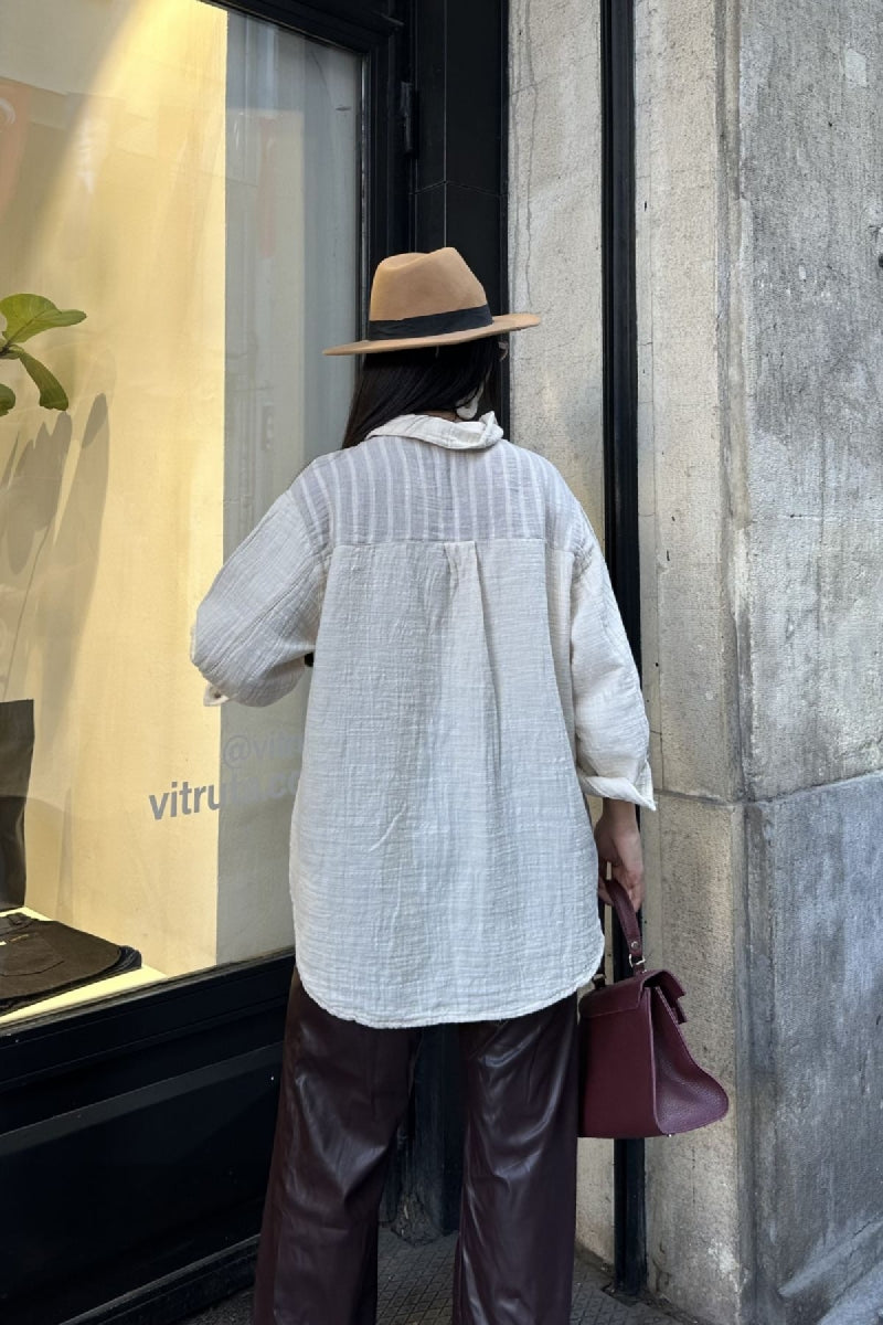 Çizgi Garnili Oversize Gömlek