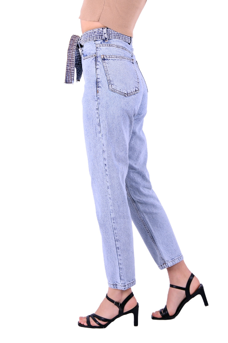 Yüksek Belli Kot Kemerli Mom Kot Pantolon 1896