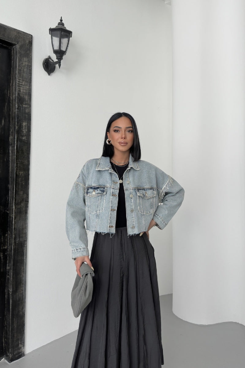 Taşlı Kısa Oversize Kot Ceket 6084