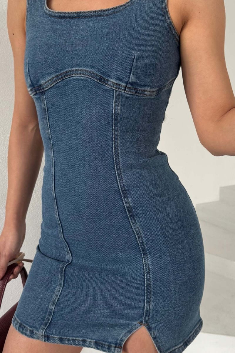 Fermuarlı Mini Kot Elbise 3028