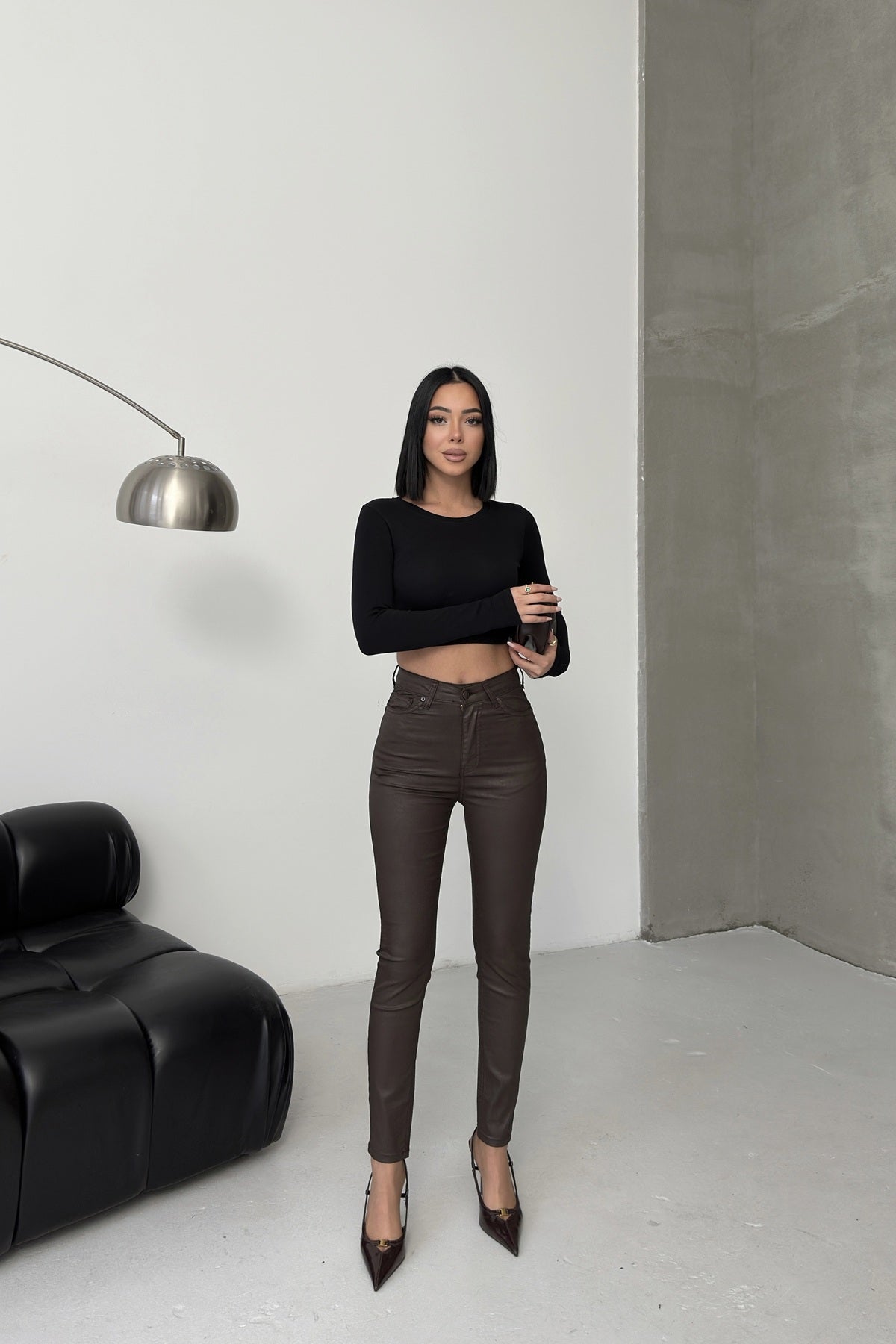 Yüksek Bel Deri Pantolon 415