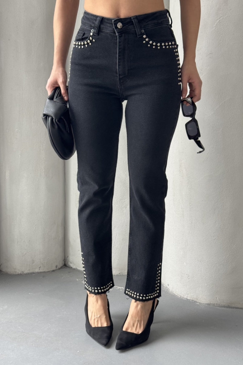 Taşlı Mom Fit Kot Pantolon