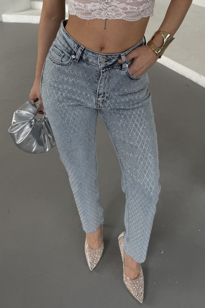 Taşlı Mom Fit Kot Pantolon