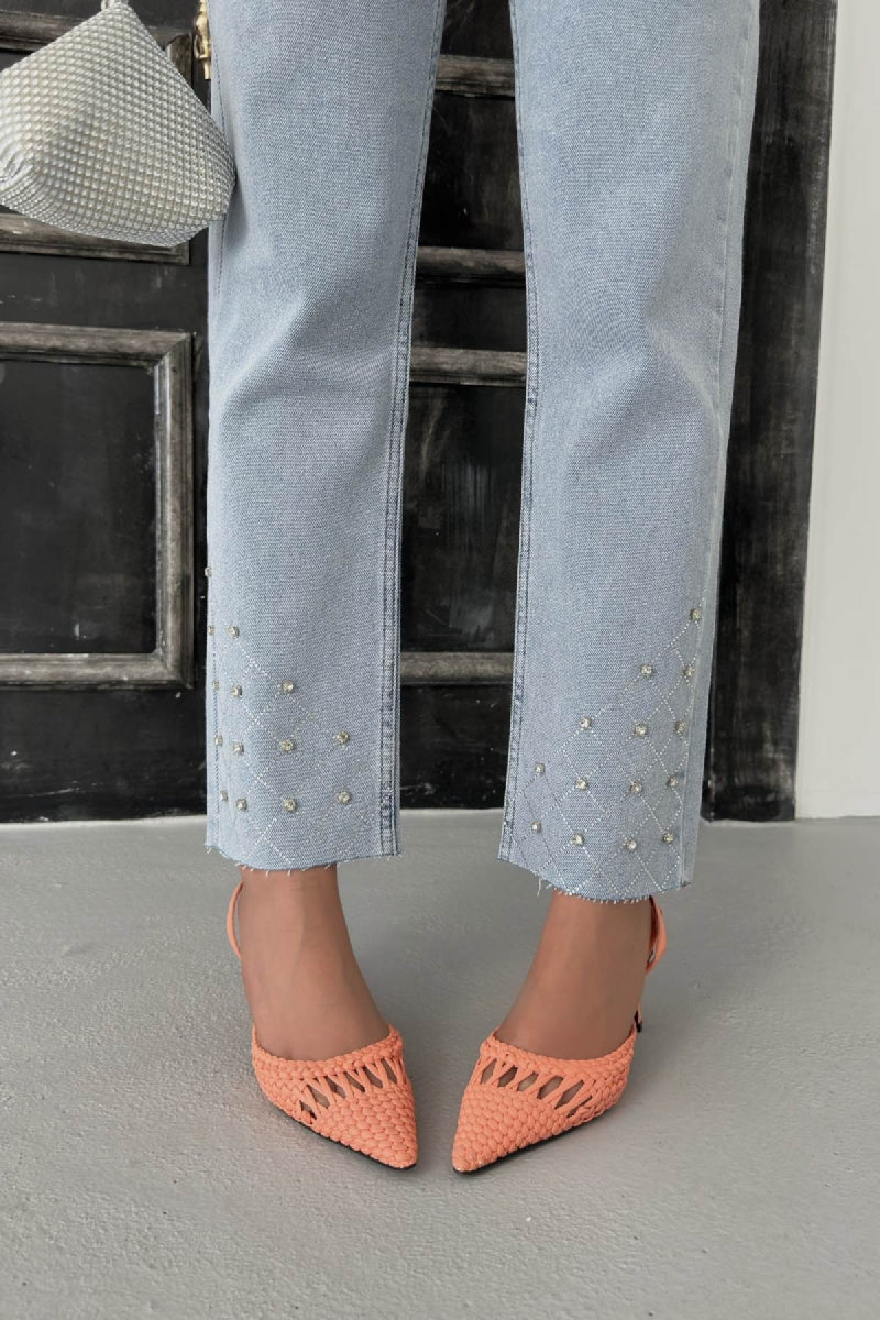 Taşlı Mom Fit Kot Pantolon