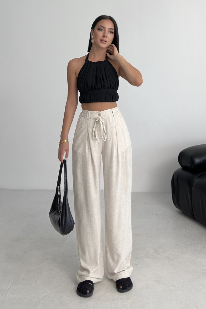 Lastikli Keten Pantolon