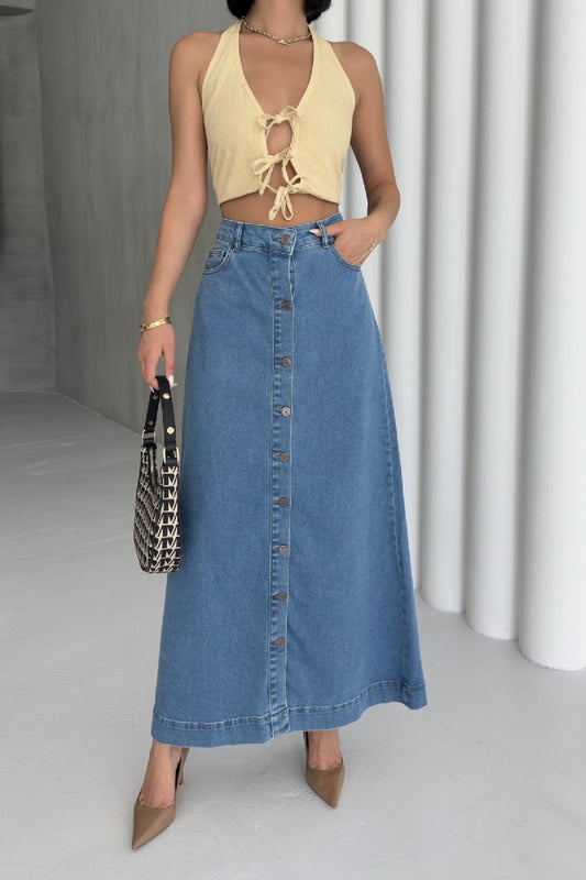 Düğmeli Uzun Kot Etek