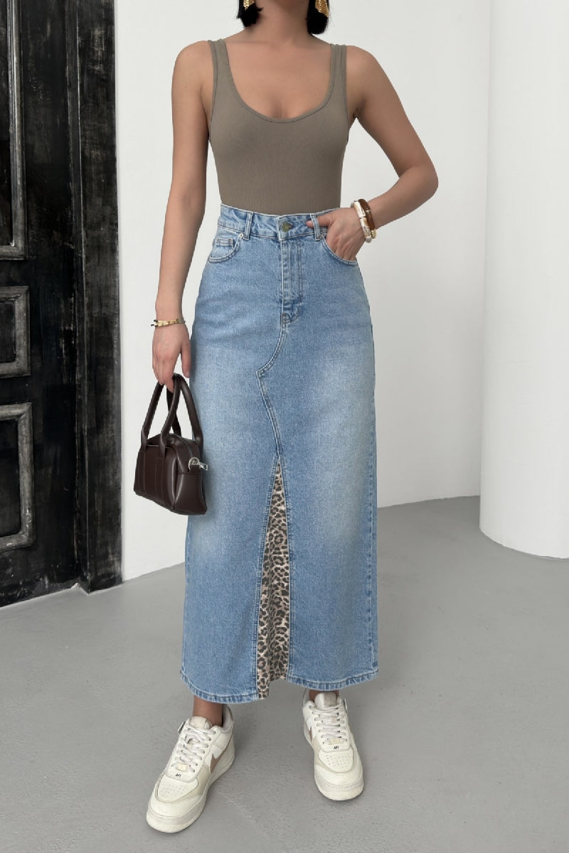 Leopar Detaylı Kot Etek