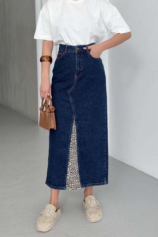 Leopar Detaylı Kot Etek