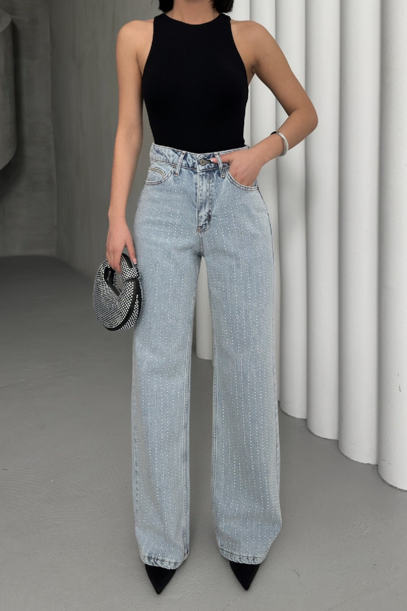 Taşlı Gizli Arka Cep Detaylı Palazzo Jean