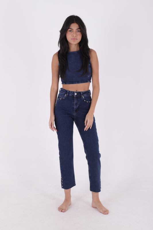 Yanı Yırtmaçlı Flare Paça Mom Kot Pantolon