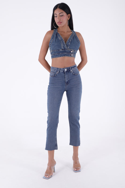 Side Slit Flare Leg Mom Jeans