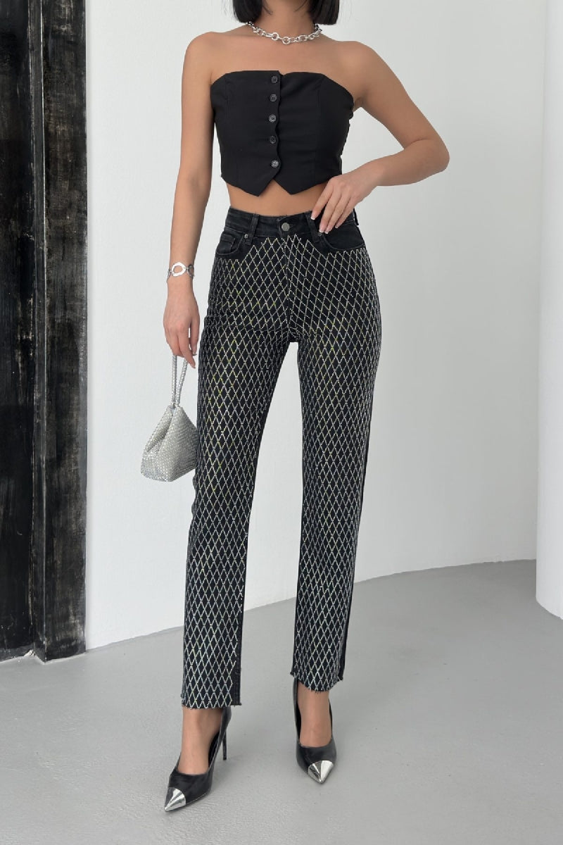 Taşlı Mom Fit Kot Pantolon 7092