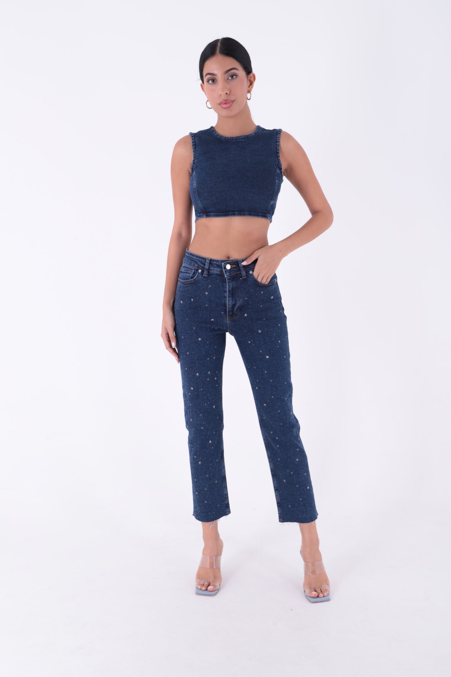 Yıldızlı Mom Fit Dikişsiz Paça Kot Pantolon 1753