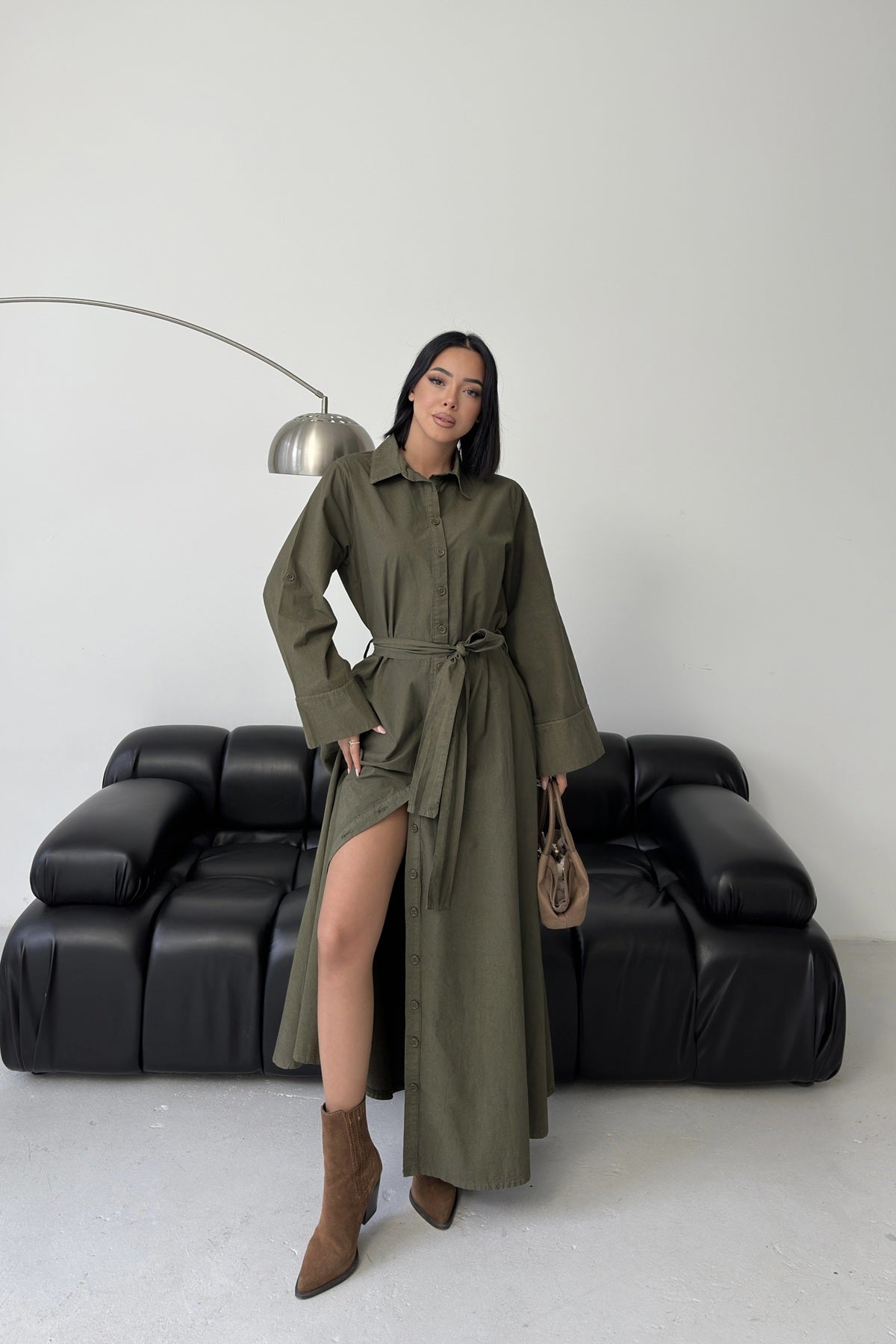 Düğmeli Uzun Boy Kot Elbise 3047