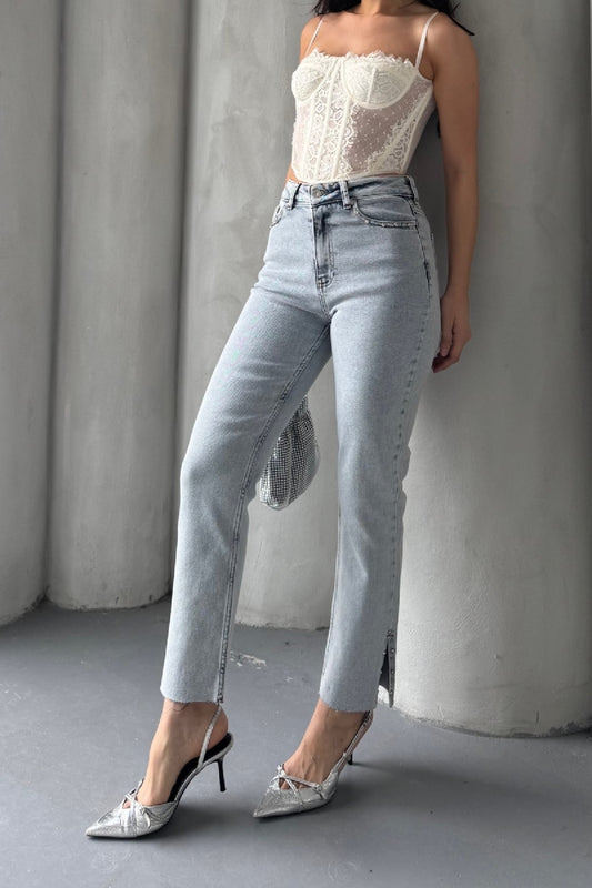 Yanı Yırtmaçlı Flare Paça Mom Kot Pantolon 1774