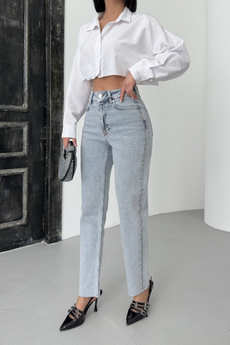 Şerit Taşlı Mom Fit Kot Pantolon 7110