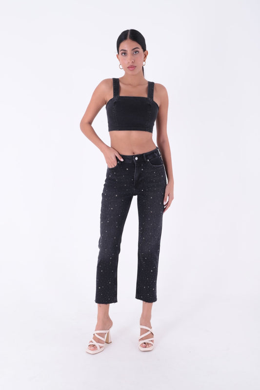 Yıldızlı Mom Fit Dikişsiz Paça Kot Pantolon 1753