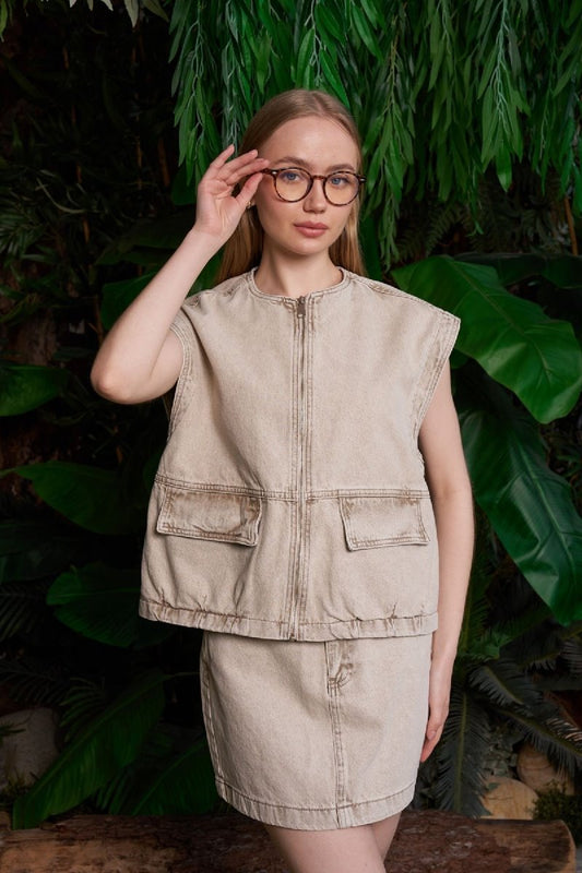 Fermuarlı Oversize Kot Yelek 6073