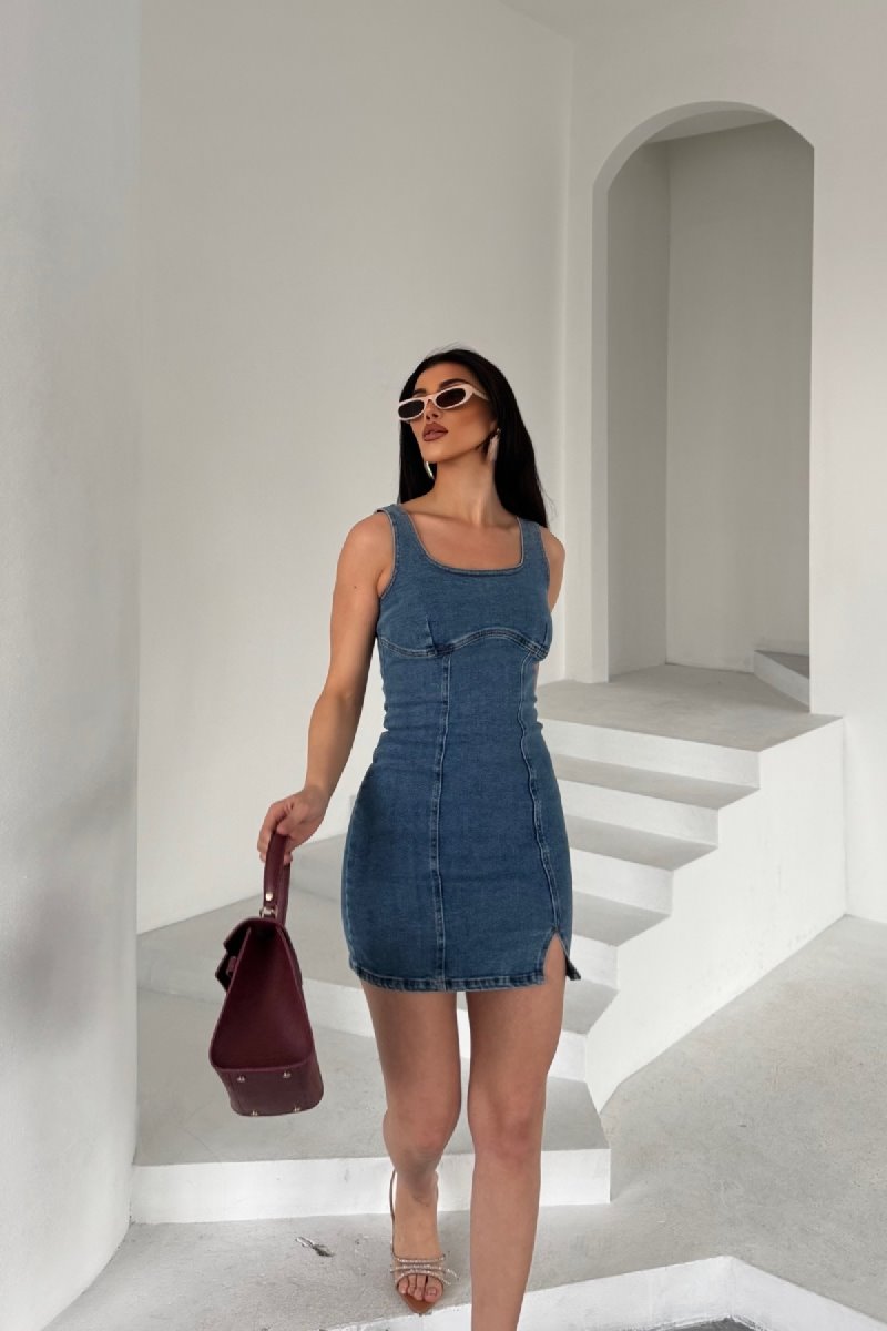 Fermuarlı Mini Kot Elbise 3028