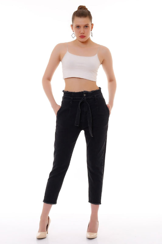 Beli Yüksek Bel Havuç Kemerli Kot Pantolon 736