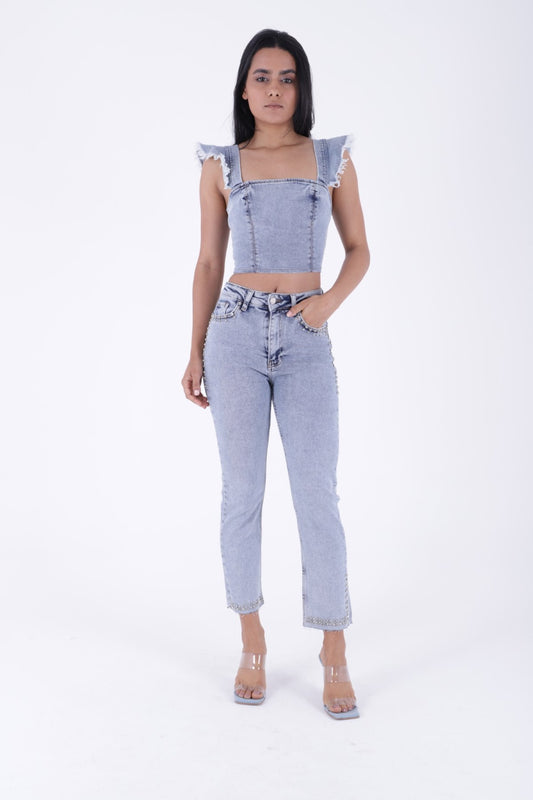 İncili Çiçek Desenli Mom Fit Kot Pantolon 7022