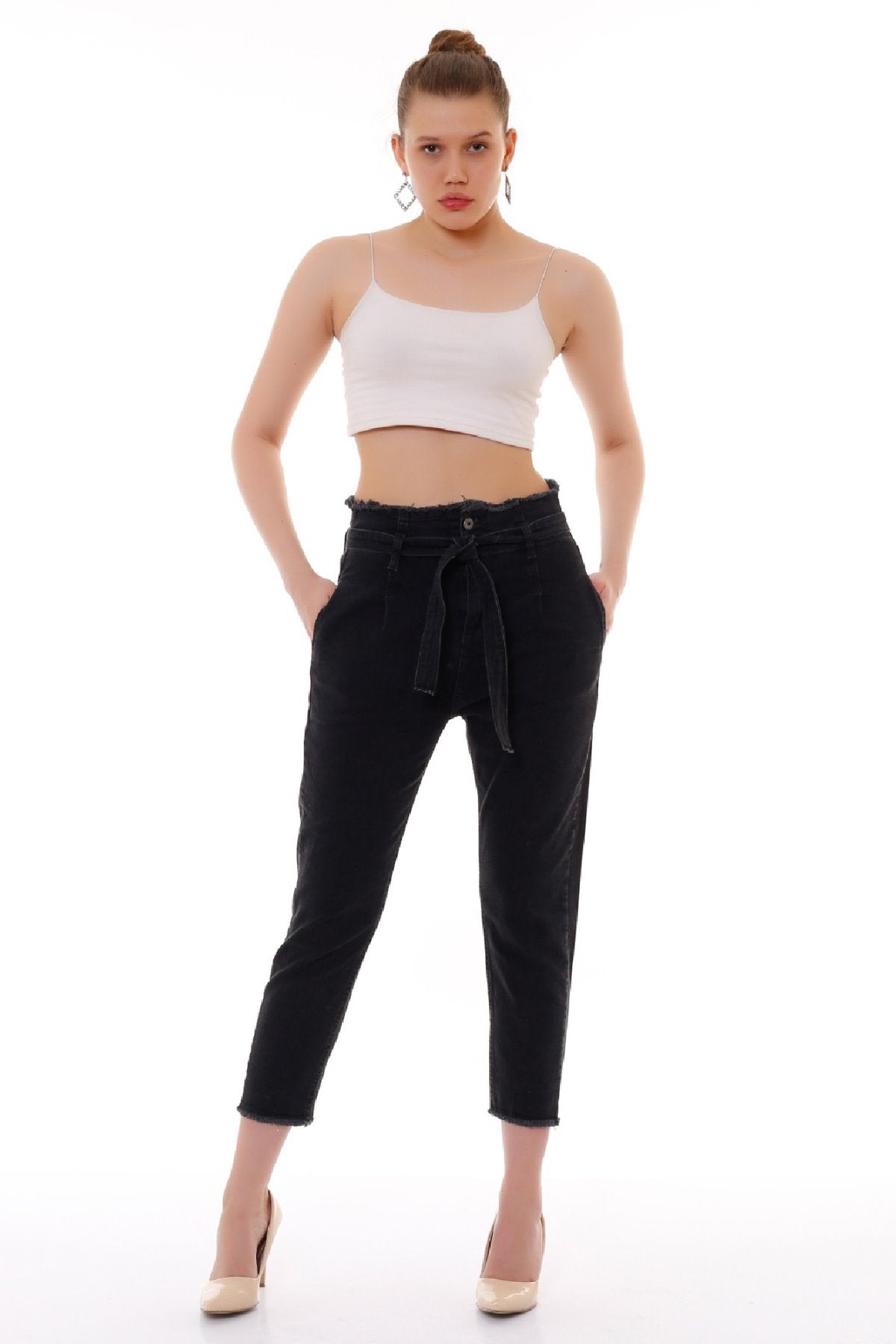 Beli Yüksek Bel Havuç Kemerli Kot Pantolon 736