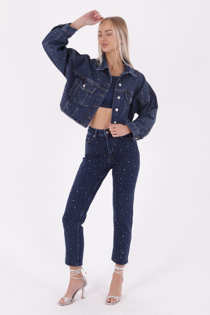 Taşlı Kısa Oversize Kot Ceket 6005