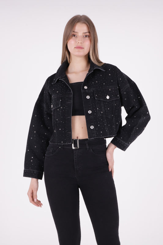 Taşlı Kısa Oversize Kot Ceket 6005