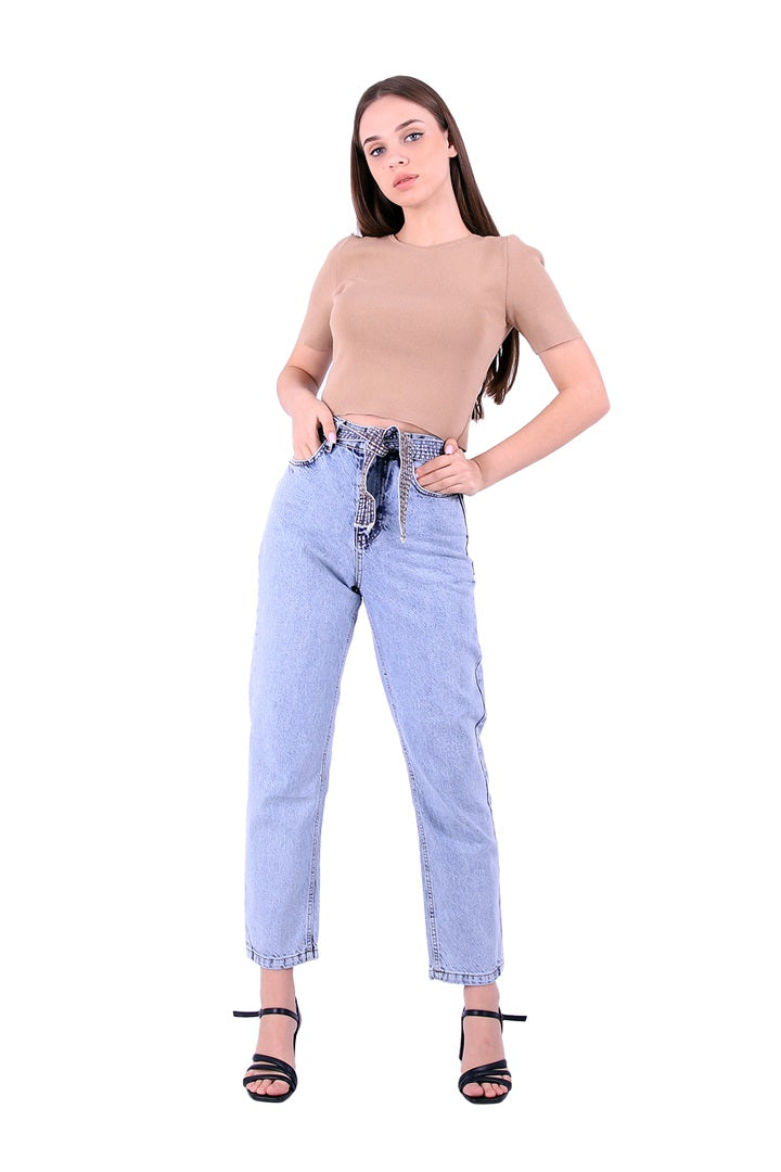 Yüksek Belli Kot Kemerli Mom Kot Pantolon 1896