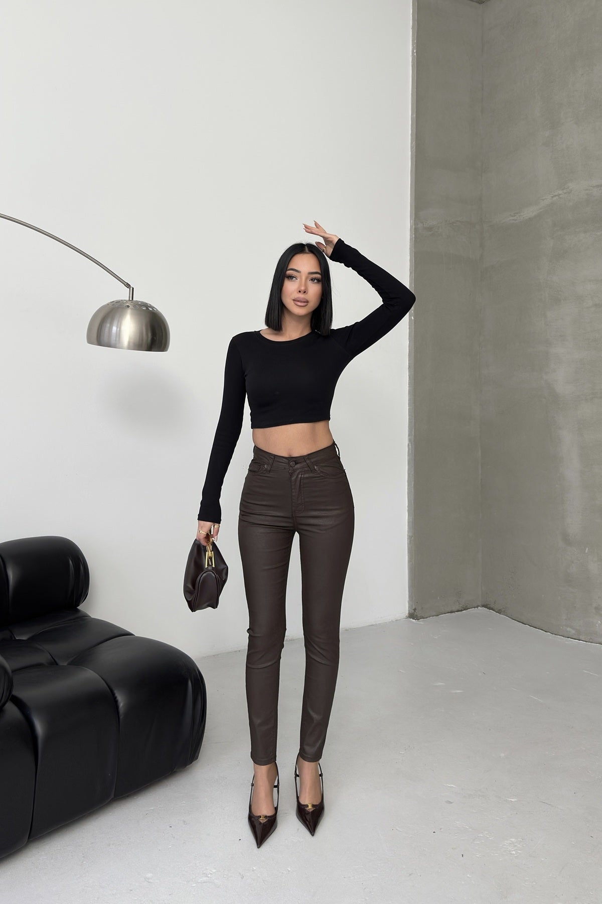 Yüksek Bel Deri Pantolon 415