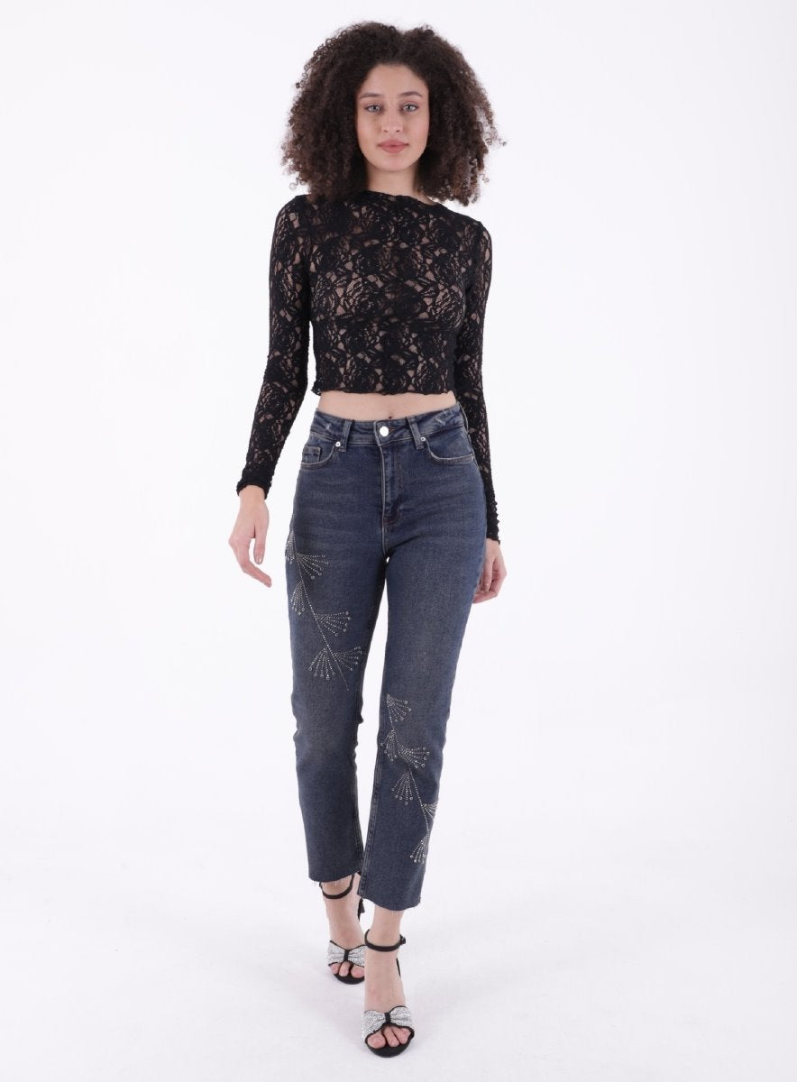 Çapraz Taşlı Mom Fit Kot Pantolon 7054