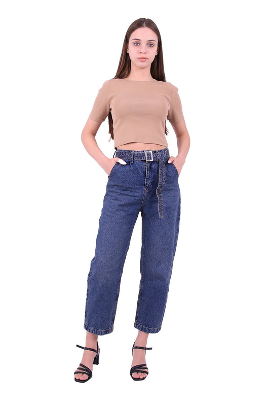 Beli Pileli Kot Kemerli Gevşek Kot Pantolon 1741