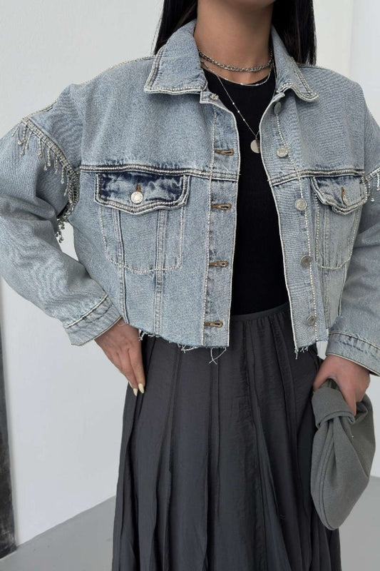 Taşlı Kısa Oversize Kot Ceket 6084