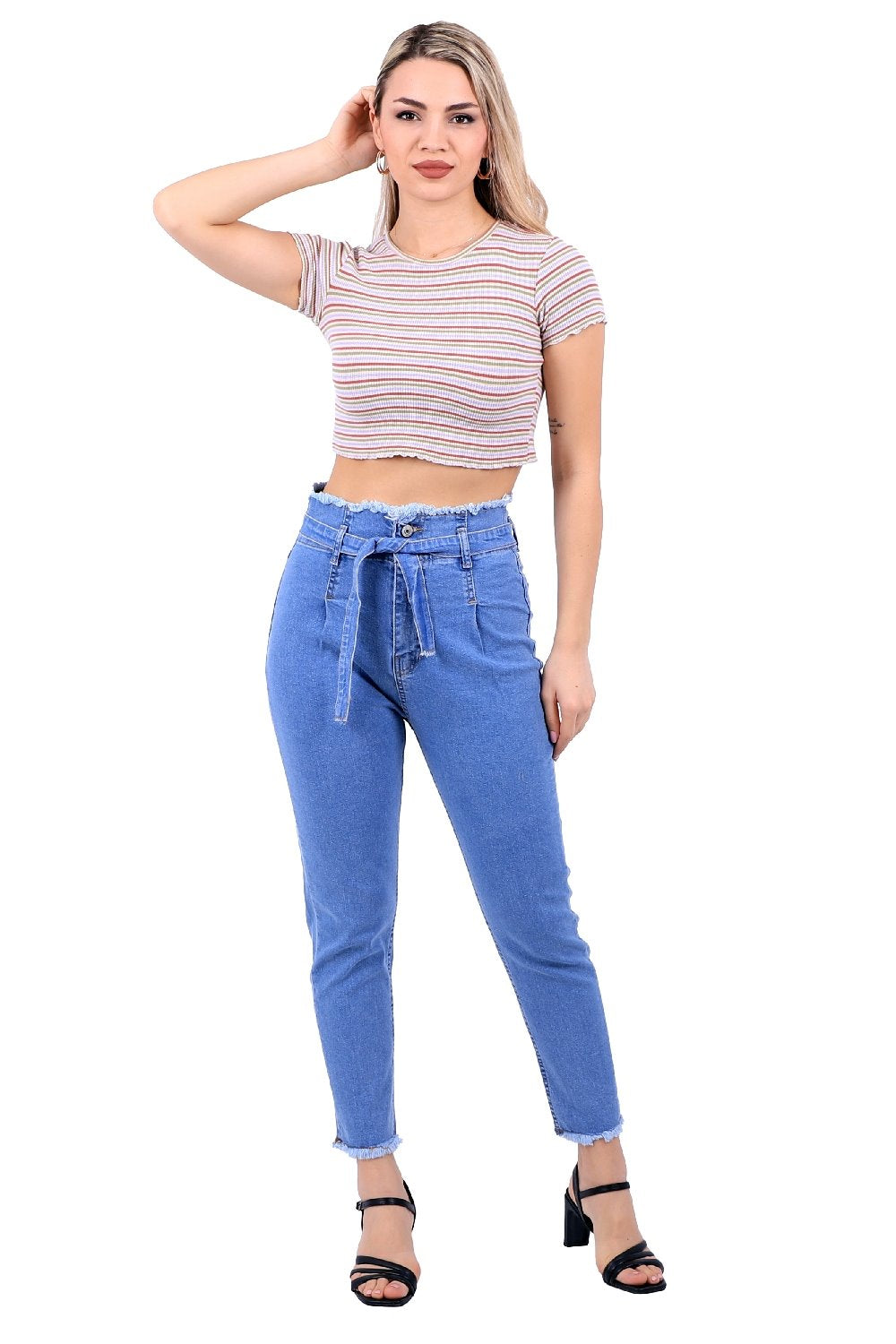 Beli Yüksek Bel Havuç Kemerli Kot Pantolon 736