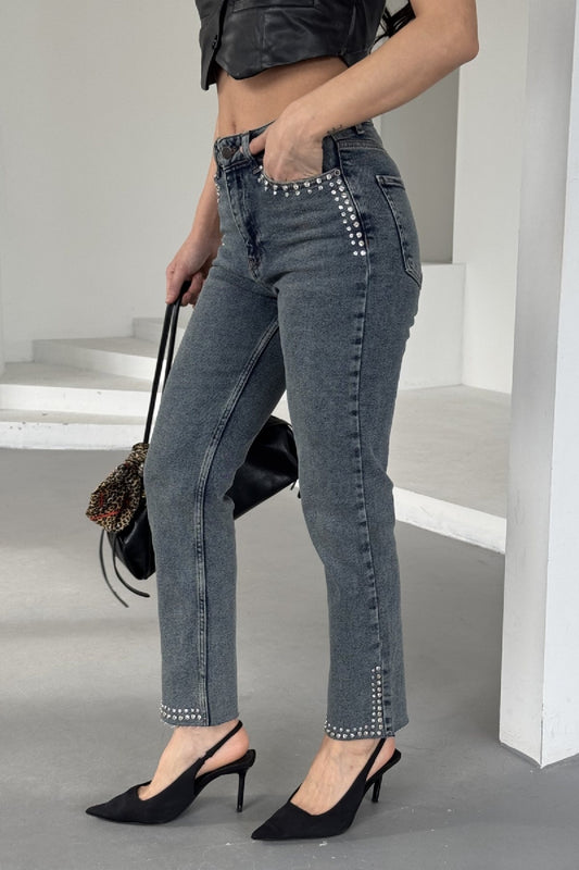 Taşlı Mom Fit Kot Pantolon 7023