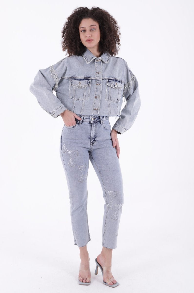 Çapraz Taşlı Mom Fit Kot Pantolon 7054