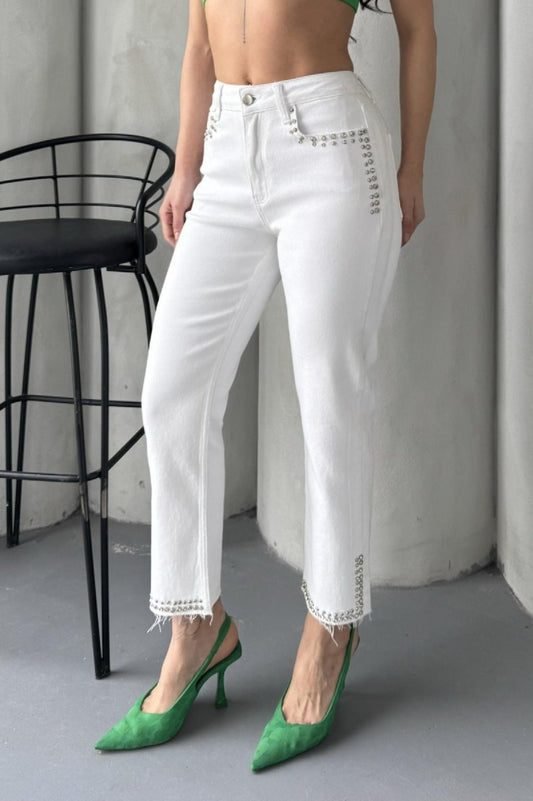 Taşlı Mom Fit Kot Pantolon 7023