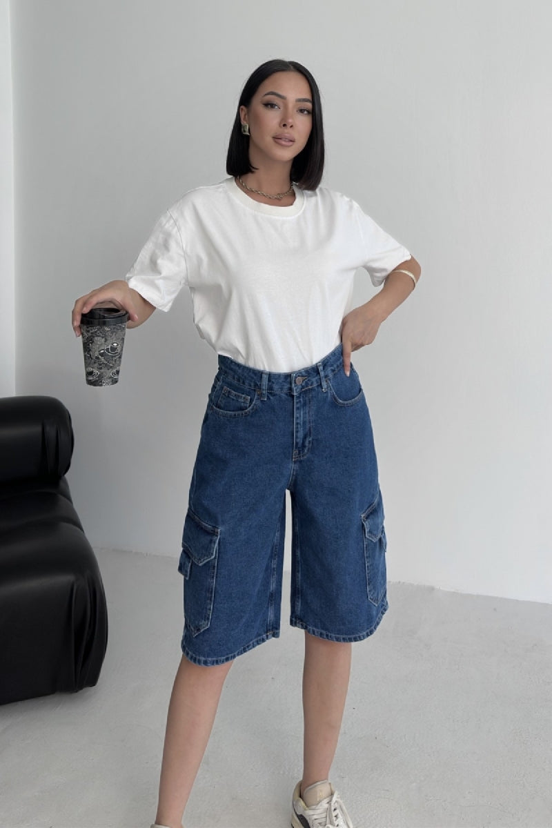 Cep Detaylı Orta Boy Kot Şort 2026