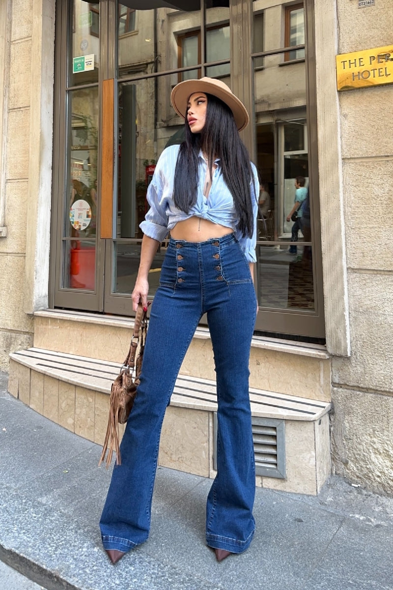 Çok Düğmeli İspanyol Kot Pantolon 7094