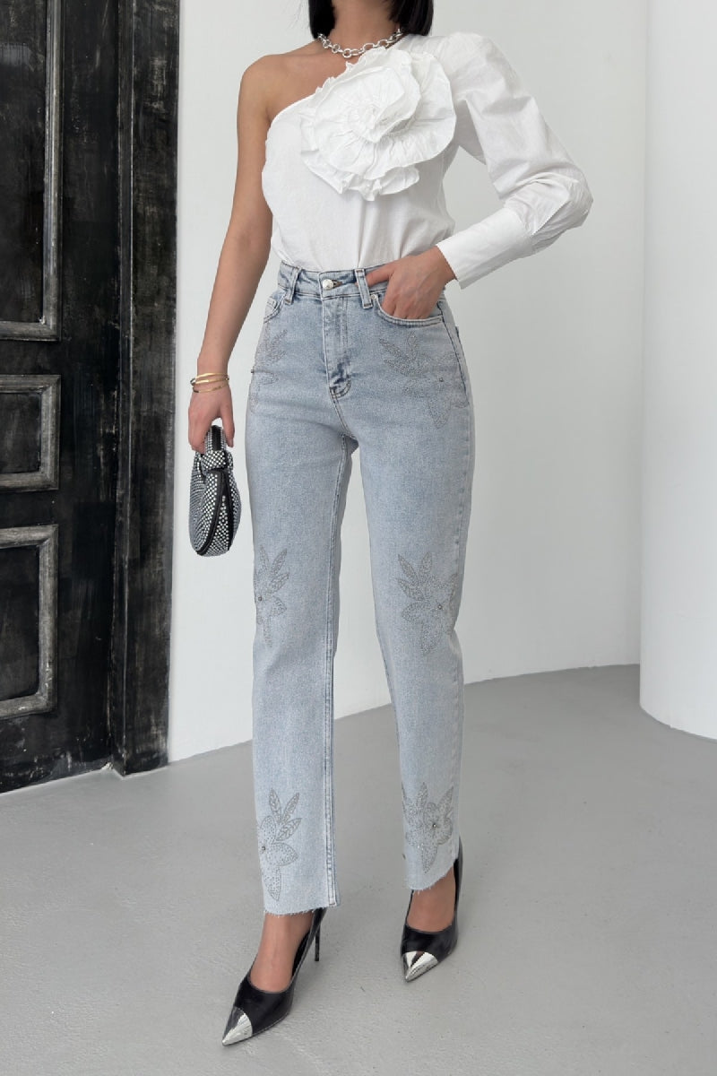 Taşlı Mom Fit Kot Pantolon 7116